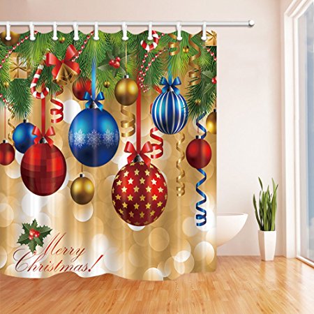NYMB New Year Bath Curtain, Colorful Christmas Balls Hang on Pine Tree with Ribbon for Christmas, Polyester Fabric Waterproof Shower Curtain for Bathroom, 69X70in, Shower Curtains Hooks Included,