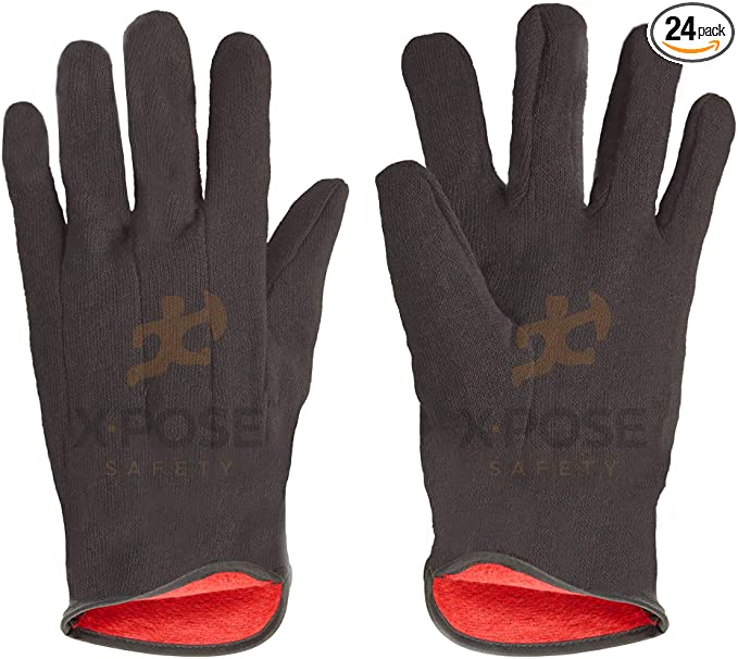Protective Work Gloves - 12 Pack For Industrial Labor, Home and Gardening 100% 14oz Cotton, Red Fleece Lining - Men's Large - Brown by Xpose Safety