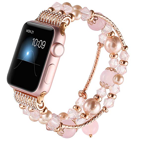 GAISHI Compatible for Apple Watch Band 38mm 40mm, Women Girl Elastic Stretch Handmade Pearl Bracelet iWatch Band for 38mm Apple Watch Series 4 Series 3 Series 2 Series 1, Pink