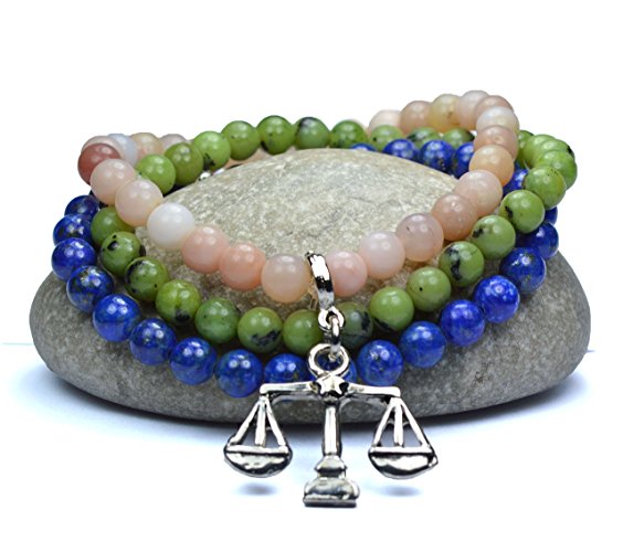 Libra Birthstones. Healing Gemstones for Libra Zodiac Sign. Lapis Lazuli, Opal and Jade Libra Charm Bracelet. Crystals for Libra. Astrology Jewelry.