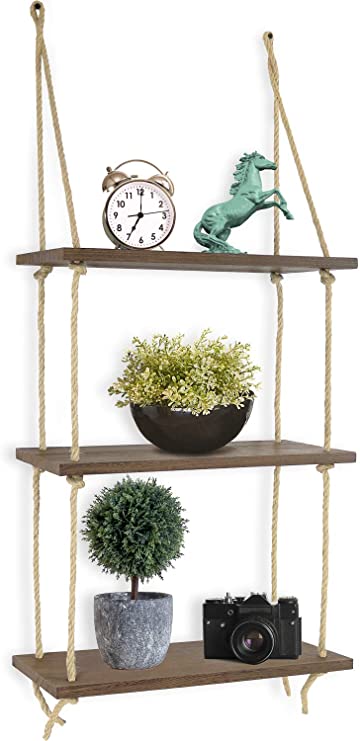 Greenco Decorative Rustic Jute Rope Wall Hanging Floating Shelves, Distressed Wood, 3 Tier