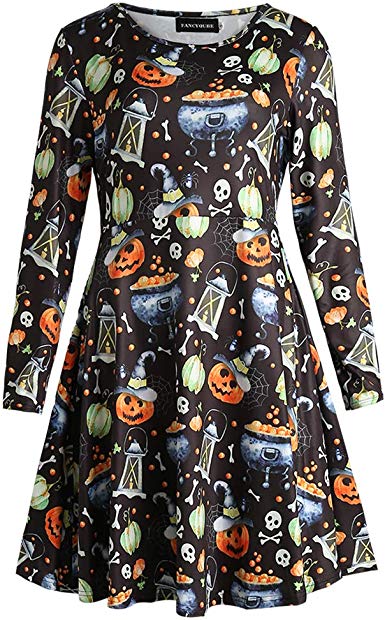Fancyqube Women's Casual Pleated Shirt Dresses Long Sleeve Cute Print Swing Dress with Pockets