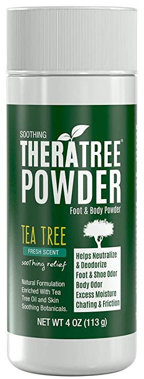 TheraTree Foot, Body and Shoe Powder with Tea Tree for Odor and Moisture Control with Organic and Natural Ingredients - Fresh Scent 4 oz