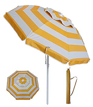 YATIO-6ft Beach Umbrella Sun Shelter with Tilt, Fiberglass Ribs, Telescopic Pole, Windproof Canopy,Carry Bag-Yellow Stripe