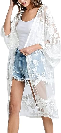 Bsubseach Women Mesh Lace Beach Kimono Cardigan