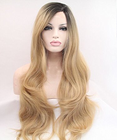 Lucyhairwig Glueless Synthetic Lace Front Wig Long Wavy Golden Blonde Ombre Dark Roots Heat Resistant Fiber Hair Wigs For Women