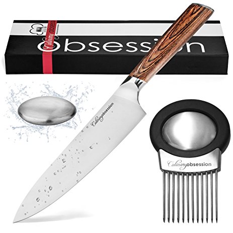 8 Inch Chef Knife - Highest Quality German Stainless Steel Blade to Stay Sharp Longer - Perfect Gift for Professional Chefs or Home Cooks - BONUS Meat Tenderizer & Odor Removing S.S. Soap