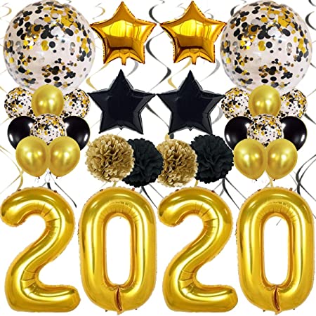 2020 Graduation Party Decorations, Black Gold and Silver Confetti Ballooons Party Supplies with 40 Inches Gold 2020 Balloons Hang Swirls, Perfect for Congrats Grad TD079