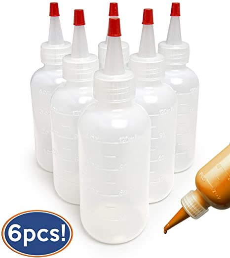 Bastex 6 Pack 4 Ounce Plastic Squeeze Bottles with Caps and Measurements. Small Mini Squeeze Bottle for Arts and Crafts, Paint, Icing, Liquids, Condiment, Glue. Sauces and More