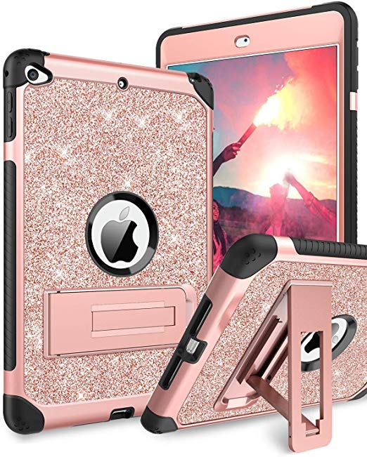 BENTOBEN Case for iPad Mini 5 / iPad Mini 4, Glitter 3 Layer Full Body Protective Kickstand PU Leather Shockproof Girls Women Kids Tablet Cover for Apple iPad Mini 5 / Mini 4, Rose Gold