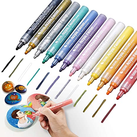 Acrylic Paint Marker Pens, TOUCHLECAI 12 Colors Paint Markers Pens for Rocks Painting, Christmas Card Making, Halloween Decorations, DIY Craft, Scrapbooking, Mugs and more (Medium Tip)