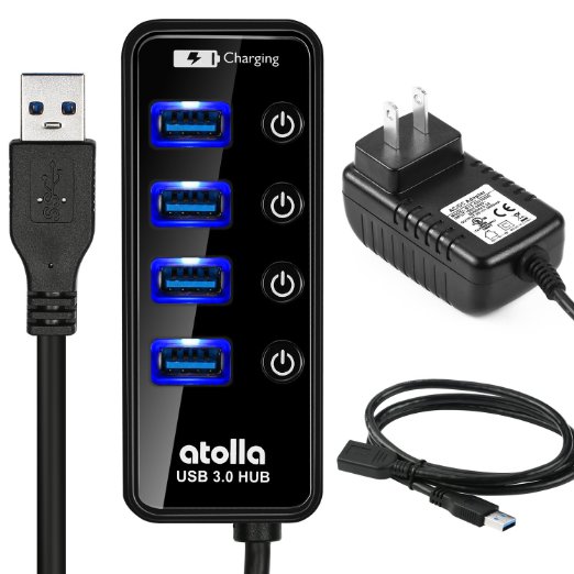 Powered USB Hub, atolla 204U3 USB 3.0 Hub 4   1 Data Transfer and Charging Multiport with 15W (5V/3A) Power Supply Adapter and 3.3ft Meter USB 3 Extension Cable (Black)