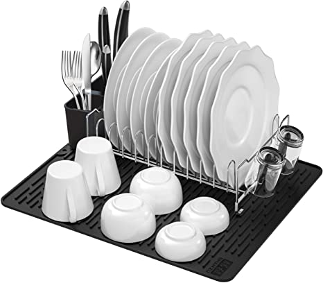 SHAN ZU Dish Drainer Rack, Kitchen Compact Modern Dish Drying Rack 304 Stainless Steel with Utensil Holder and Silicone Drying Mat Set for Kitchen Countertop, 17.6 x 15.6 inches