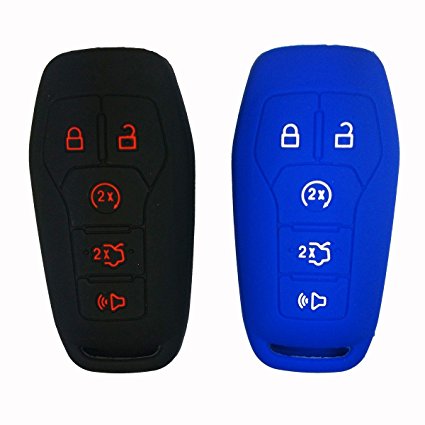 2Pcs Coolbestda Silicone Smart Key Cover Shell Case Keyless Entry Holder for Ford F-150 LINCOLN FUSION MKZ MUSTANG MKC 5 Buttons Smart Key Blue Black