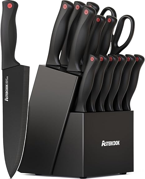 Knife Set, Astercook 15 Pieces Knife Sets for Kitchen with Block, Dishwasher Safe Kitchen Knife Set with Built in Sharpener Block, German Stainless Steel Knife Block Set, Black