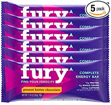 Fury Caffeine Protein Bars (5-Pack) - Gluten Free and Dairy Free - Oat Protein Energy Bar - 15g Protein, 120mg Caffeine - Peanut Butter Chocolate Flavor- 190 Calories