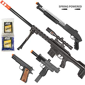 BBTac Airsoft Gun Package - Long Range Sniper - Collection of Airsoft Guns - Powerful Spring Sniper Rifle, Shotgun, SMG, Mini Pistols and BB Pellets, Great for Starter Pack Game Play