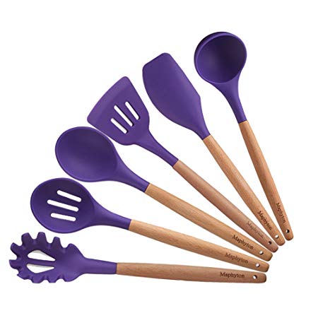 Silicone Cooking Utensils, 6 Pieces Nonstick Heat Resistant Kitchen Utensil Set BPA Free with Natural Wood Handle by Maphyton