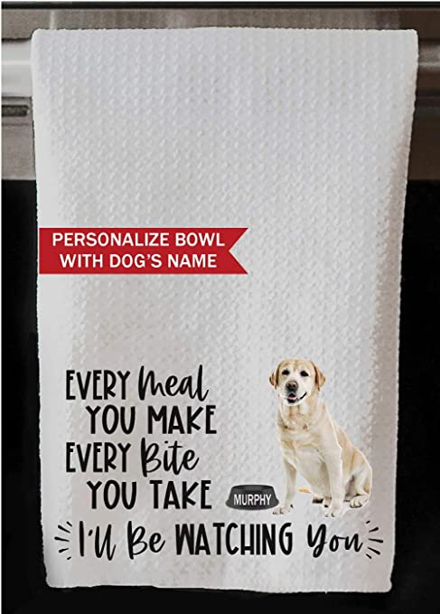 The Creating Studio Personalized Yellow Labrador Retriever Every Meal You Make Every Bite You Take I'll Be Watching You Waffle Weave Kitchen Towel, 16"x24" (Yellow Lab with Name on Bowl)