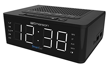 Emerson SmartSet Alarm Clock Radio with Bluetooth Speaker, Charging Station with 2 USB Ports for Iphone/Ipad/Ipod/Android and Tablets, ER100102