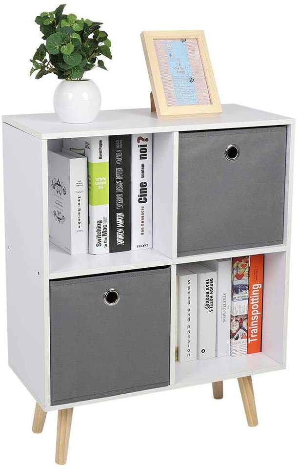 Ejoyous 4-Cube Bookshelf, Modern Free Standing Bookcase Wood Book Display Shelf Open Shelving Unit Storage Cabinet with Non-Woven Drawer for Home Office Living Room Bedroom Furniture