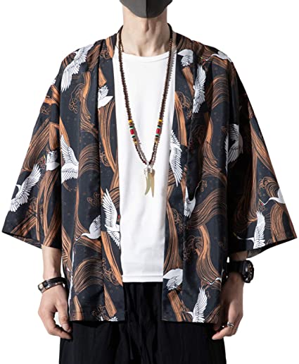 PRIJOUHE Men's Kimono Cardigan Jacket Japanese Style Flying Crane Seven Sleeves Open Front Coat