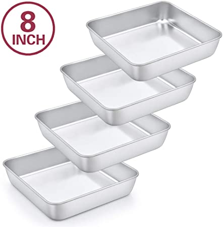 8 Inch Square Baking Pan Set of 4, Square Cake Pans, P&P CHEF Stainless Steel Deep Bakeware for Lasagna Bread Brownie, 8”×8”×2”, Leakproof & Heavy Duty, Easy Release & Dishwasher Safe