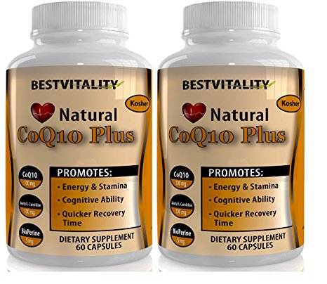 BestVitality Two Bottles of Natural Coenzyme Coq10 Vegan Complex (Coq10 - 100mg, Acetyl L-carnitine - 100mg and Bioperine - 5mg) Kosher - Made in USA
