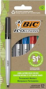 BIC Ecolutions Fine Permanent Markers, Fine Bullet Tip, 12-Count Pack of Assorted colours, Marker Set Made from 51% Recycled Plastic