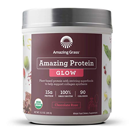 Organic Vegan Collagen Support Protein Powder by Amazing Grass, Biotin Supplement, USDA Organic, Flavor: Chocolate Rose, 15 Servings 15g Protein