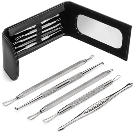 #1 Comedone Pimple Extractor Kit   FREE Leather Case with mirror - 5 Stainless Steel Extractor Set Professional Quality - Blackhead Pimple Comedone Remover