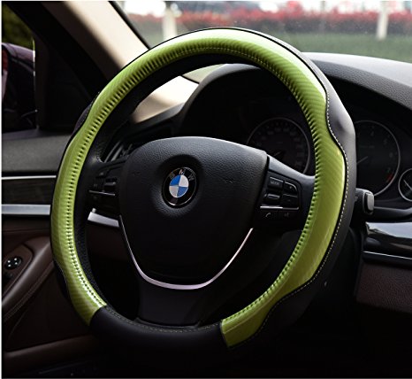 Automotive Interior Accessories Car Steering Wheel Cover Sports Colorful - Microfiber Leather Anti Slip Wrap Universal Fit for 15 inch (Green)