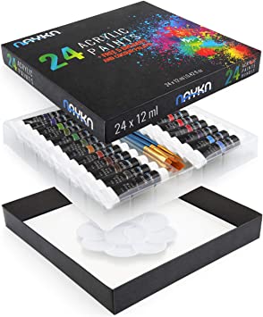 Nayka 24 Pc. Acrylic Paint Set for Artists and Beginners with 5 Painting Brushes and Reusable Colour Palette, DIY Fun and Artistic Arts and Crafts, Safe for Canvas, Paper, Wood, Fabric and Ceramics