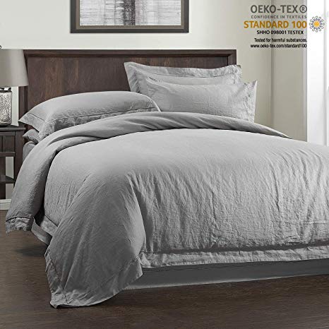 Simple&Opulence 100% Linen Duvet Cover Set Grey Solid Wash (Twin, Grey)