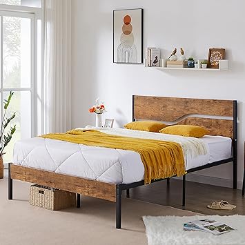 VECELO Platform Bed Frame Queen Size with Rustic Wood Headboard, Strong Metal Slats Support No Box Spring Needed, Easy Assembly