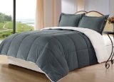 Cozy Beddings 3-Piece Down Alternative Mini Comforter Set with Pillow Case Borrego Sherpa and Berber Throw Blanket King Charcoal Grey