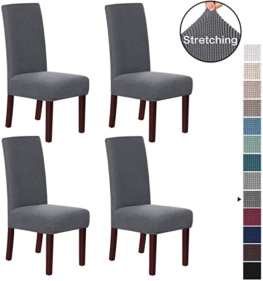 H.VERSAILTEX Stretch Dining Chair Covers Chair Covers for Dining Room Set of 4 Parson Chair Covers Slipcovers Chair Protectors Covers Dining, Feature Textured Checked Jacquard Fabric, Gray