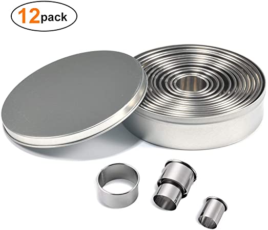 12 Stainless Steel Cookie Cutters Biscuit Fondant Set Round Cookie Cutter Baking Metal Ring Mold Pastry Donut Muffins Cookies Cutters with Storage Box