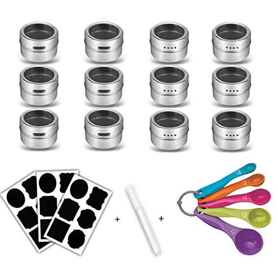 Vindar Stainless Steel Spice Jars Storage Containers Set, 12Sets Magnetic Spice Tins Stick on Refrigerator and Grill, with 18PCS Spice Labels   1PCS Erasable Chalk Markers   5 Measuring Spoons