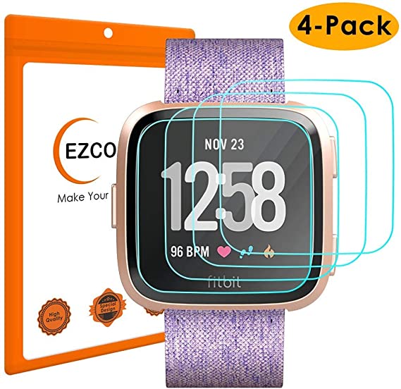 EZCO (4-Pack) Screen Protector Compatible Versa (Not for Versa 2), Waterproof Tempered Glass Screen Protector Cover Saver Compatible Versa Smart Watch Scratch Resist 99.9% Clear HD Anti-Bubble