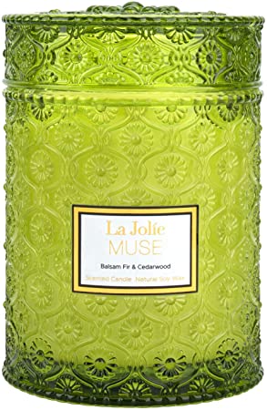 LA JOLIE MUSE Balsam Fir & Cedarwood Scented Candle, Organic Candles Gift, Wood Wick Soy Candle for Home, Large Glass Jar Candle, 90 Hours Long Burning, 19.4 Oz