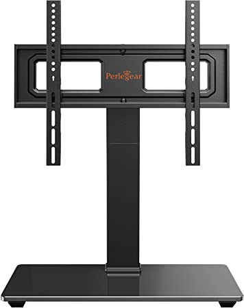 Perlegear Universal TV Stand, Swivel TV Stand Base for 32–70 inch TVs, Height Adjustable Table Top TV Stand Mount with Tilt, Tempered Glass Base, Holds up to 88 lbs, Max VESA 400x400mm, PGTVS26