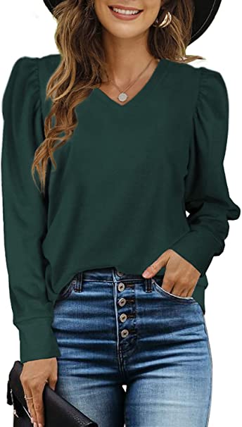 Sieanear Women's Puff Long-Sleeve V-Neck Sweater Casual Tunic Tops