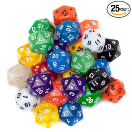 25 Pack of Random D20 Polyhedral Dice in Multiple Colors by Wiz Dice