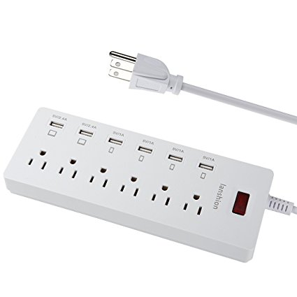 Power Strip, Lanshion Smart 6-Outlet Surge Protector with 6-USB Quick Charging Station Power Socket with 6.5ft Extension Cord(White)