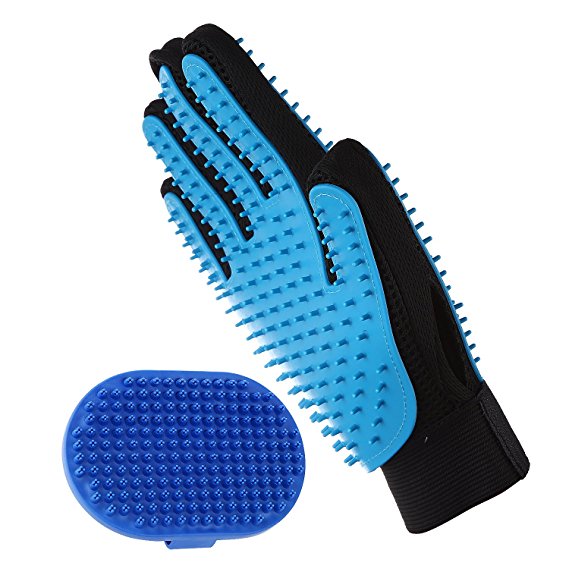 Aivituvin Pet Deshedding Glove - Hair Remover Mitt - Bath Brush for Dogs & Cats,Horses with Short & Long Hair - Grooming Gloves - Rubber Massage Tips with Five Finger Design - Double Side Use