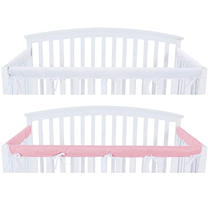 3 - Piece Crib Rail Cover Protector Safe Teething Guard Wrap for Standard Crib Rails, Fit Side and Front Rails, Pink/White, Reversible, Safe and Secure Crib Rail Cover.