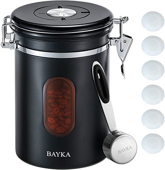 BAYKA Coffee Canister with Airtight Lid, Tawny Refill Window Coffee Container with Rotating Freshness Date, 6 Extra Exhaust Valves, Stores Whole Beans or Grounds, Includes Reusable Serving Spoon, 22 oz, Black