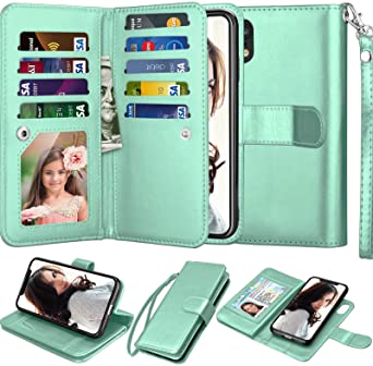 Njjex Wallet Case for iPhone XR, for iPhone XR Case, PU Leather [9 Card Slots] ID Credit Holder Folio Flip Cover [Detachable][Kickstand] Magnetic Phone Case & Lanyard for iPhone XR 6.1" 2018 [Mint]