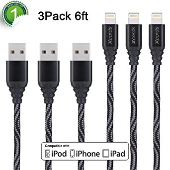 Xcords(TM) 3Pack 6Ft Nylon Braided 8 Pin Lightning to USB Cable Data Syncing Cord Compatible with iPhone 7/ 7 Plus/6/ 6 Plus/ 6s/ 6s Plus /5/5s/5c/SE/iPad/iPod/Beats Pill (Black&Coral)